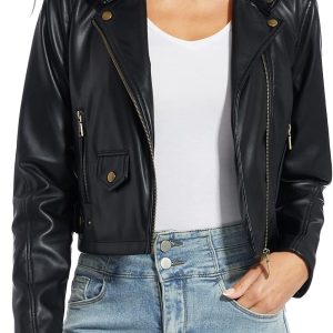 Women's Faux Leather Jackets, Zip Up Motorcycle Short PU Moto Biker Outwear Fitted Slim Coat